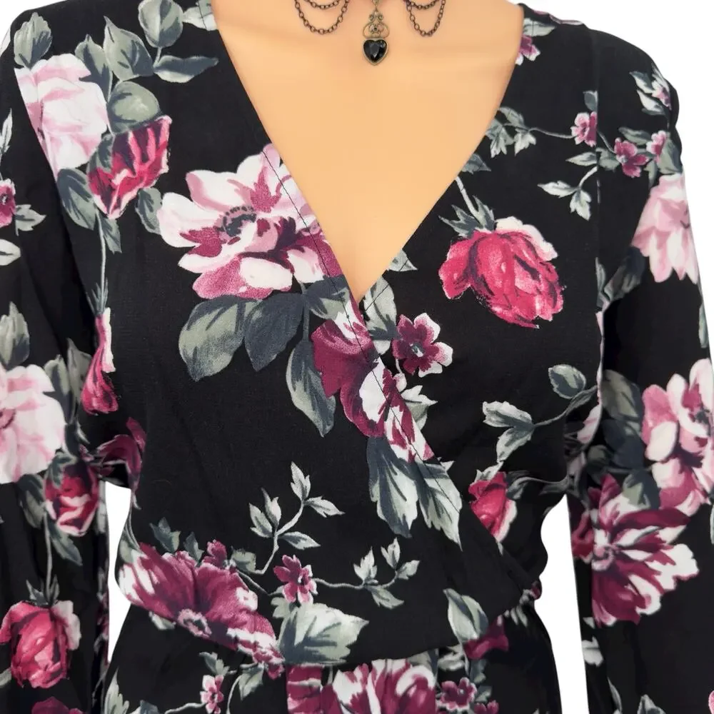 Romantic Goth Floral Romper with Lace-Up Back XS Modern Boho Festival LA Hearts